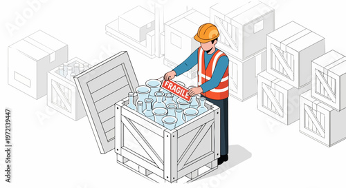 Isometric Illustration of a Warehouse Worker Placing a Fragile Sign on a Wooden Crate filled with Glass Vases