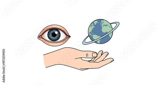 Hand holding eye and planet earth.
