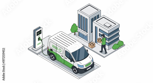 Isometric Illustration of Electric Delivery Van Charging at Station for Sustainable Logistics and Green Shipping