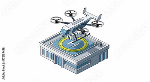 Isometric Illustration of a Futuristic Cargo Drone Landing on a Rooftop Helipad for Urban Air Mobility and Logistics