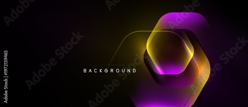 Abstract design features layered hexagons, vibrant purple, gold gradients. Dark background enhances luminous effect, modern aesthetic.