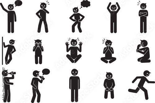 Φωτογραφία Stick figure gesture icons set, expressive body posture silhouettes, communicati