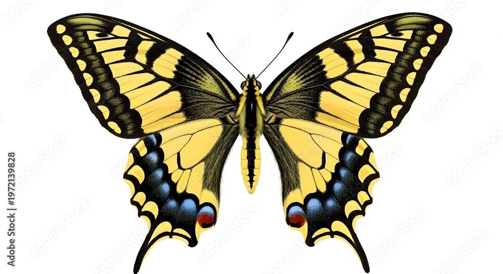 Obraz premium Vibrant swallowtail butterfly with yellow and black patterned wings isolated on white background