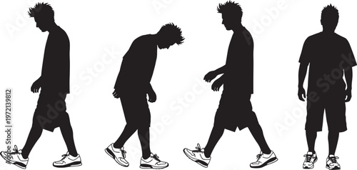 Walking silhouette sequence, human gait illustration, biomechanics motion study, athletic figure design, sports training icon, movement analysis art, fitness concept