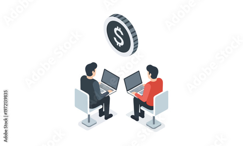 Two businessmen with laptops discussing financial strategy under a dollar coin.