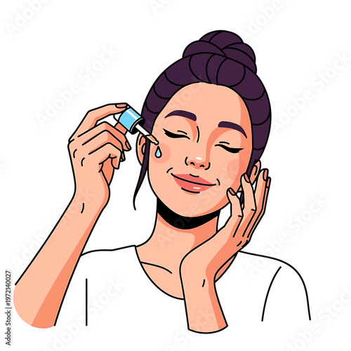 Woman applying eye serum with dropper.