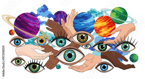 Eyes of different ethnicities and planets.