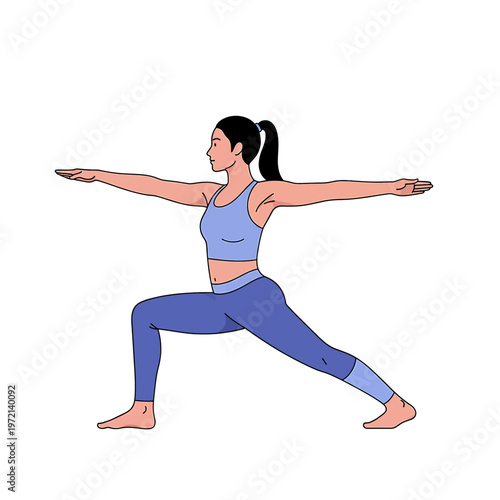 Woman in yoga warrior pose stretching.