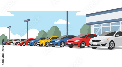 A long row of colorful modern passenger cars is parked neatly in front of a contemporary automotive dealership building under a bright blue sky.