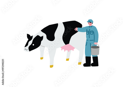 牛のお世話をする男性のイラストセット