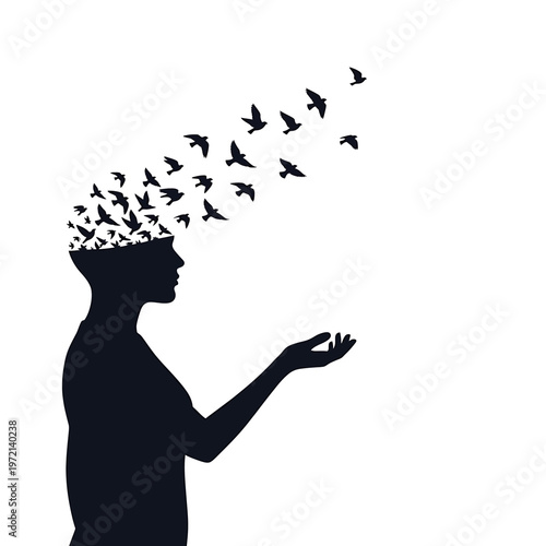 Silhouette of man with birds escaping.