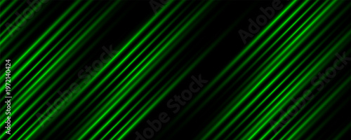 Futuristic black background with horizontal green neon light lines and light effect.