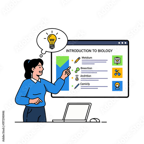 Woman pointing at biology education board.