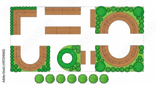 Top view garden landscape design wooden decks shrubs trees pathways outdoor illustration photo