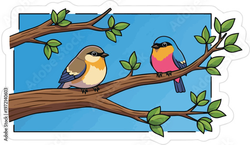 Colorful cartoon illustration of a cute tropical parrot and toucan with vibrant feathers perched on a green jungle tree branch isolated on a white background