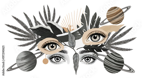 Eyes with planets and feathers design.