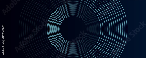 Blue abstract background with glowing circles. Swirl circular lines pattern. Geometric spiral. Twirl element. Modern graphic design. Futuristic technology concept.