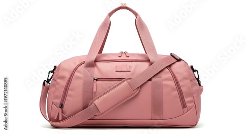 Lightweight pink duffel bag with shoulder strap and top handles isolated on white background