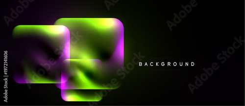 Abstract neon shapes over dark background. Vibrant green, purple hues create modern visual effect. Minimalist design, text label present.