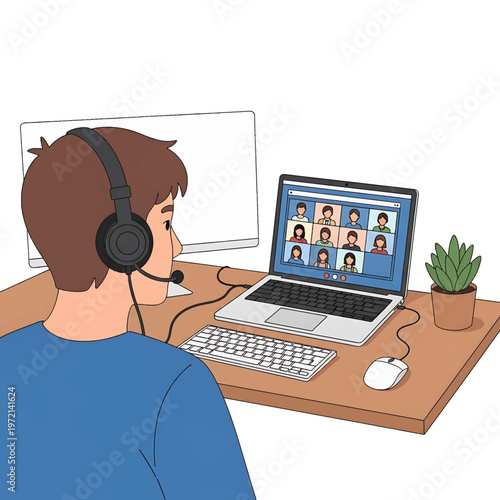 Man wearing headset at computer desk.