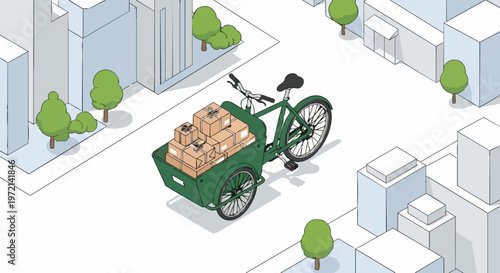 Isometric Green Cargo Bike for Eco-Friendly Urban Delivery with Cardboard Packages in Minimal City Street Illustration