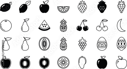 Fruit icon set with apple banana citrus pineapple cherry strawberry and tropical food symbols in line and solid styles
