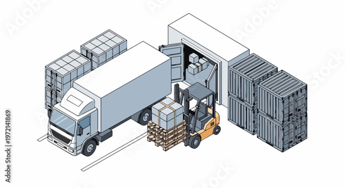 Isometric Logistics and Warehouse Supply Chain Illustration with Truck, Forklift, and Cargo Containers