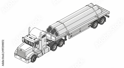 Isometric Illustration of a Semi-Truck with Flatbed Trailer Carrying Heavy Industrial Pipes for Construction and Logistics