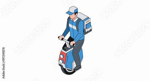 Isometric Delivery Man on Electric Unicycle for Modern Urban Logistics and Express Shipping Services