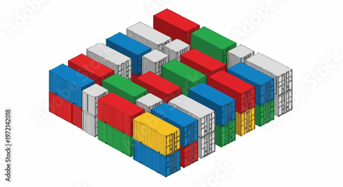 Isometric Illustration of Colorful Cargo Shipping Containers Stacked for Logistics and Global Trade Concept
