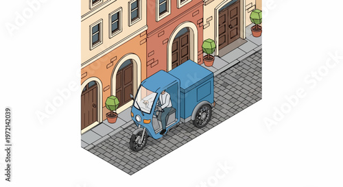 Isometric Illustration of a Blue Three-Wheeled Delivery Vehicle on an Old Cobblestone City Street; Last Mile Delivery, Urban Logistics, and Eco-Friendly Transport Concept