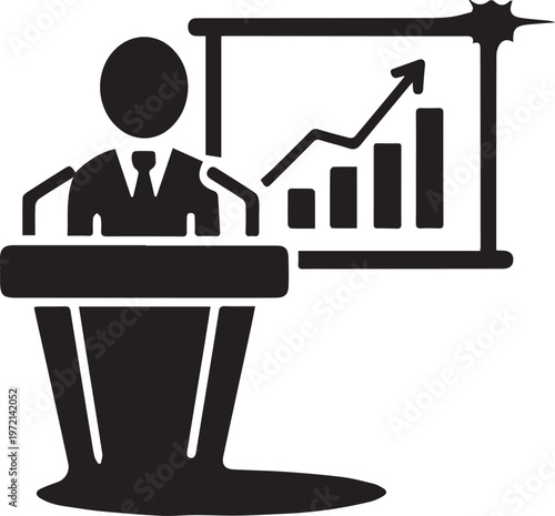 Title business presentation icon a speaker delivering a financial growth report description a black and white icon depicting a person presenting a