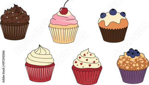 Cupcake collection vector illustration with various frosting and toppings, sweet bakery dessert set for cafe menu, party and confectionery design
