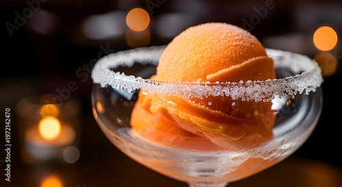 Orange Sorbet in Sugar Rim Glass Bowl — Sorbet Jeruk dalam Mangkuk Kaca dengan Pinggiran Gula