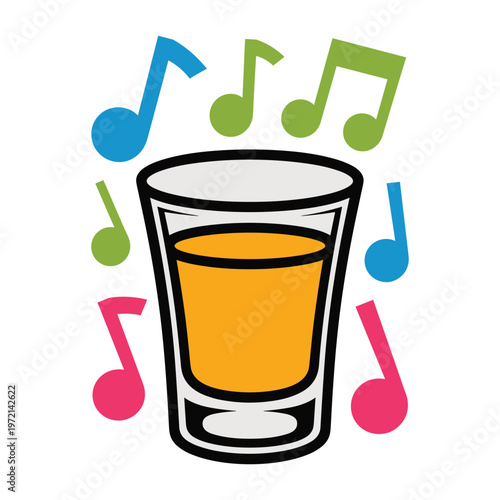 Shot glass with orange liquid surrounded by colorful music notes on white background