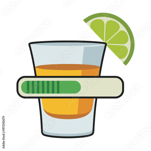 Shot glass with orange liquid, green progress bar, and lime wedge for loading concept