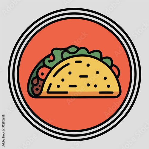 Taco food icon with crunchy shell, fresh lettuce, and savory filling in a bold red circle