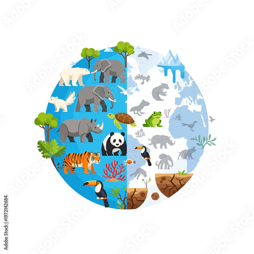 Variety of animals on earth globe.