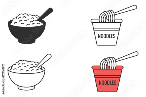 healthy vs unhealthy food comparison featuring brown rice bowl and instant noodles cup, balanced diet concept, nutrition contrast, clean eating and convenience food illustration, modern stock image