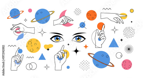 Face with Hands and Planets Around.