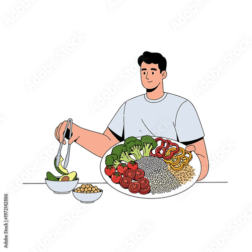 Man eating healthy food with tongs.