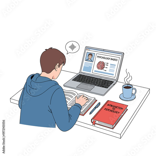 Young man studying with laptop and books.