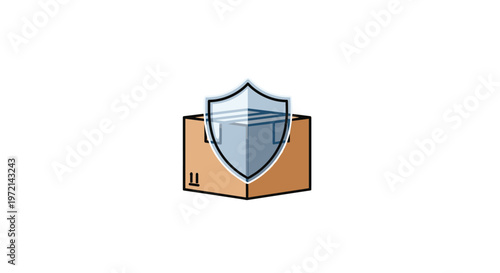 A classic brown cardboard shipping box is partially covered by a translucent blue protective shield featuring a thin silver metallic border on white.