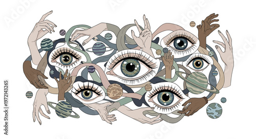 Collection of eyes with hands around.