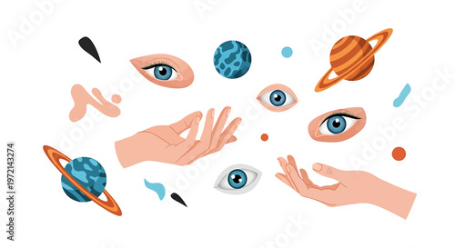 Hands Reaching for Eyes and Planets.