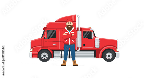 A bearded man in a red jacket stands confidently with crossed arms in front of a massive red semi-trailer truck on a white horizontal plane surface.