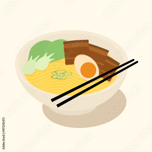 Japanese noodle Ramen with strew pork and boil egg in the white bowl