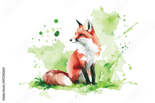 nature fox watercolor wildlife animal illustration with green splashes, perfect for childrens books, nursery decor, and woodland themes