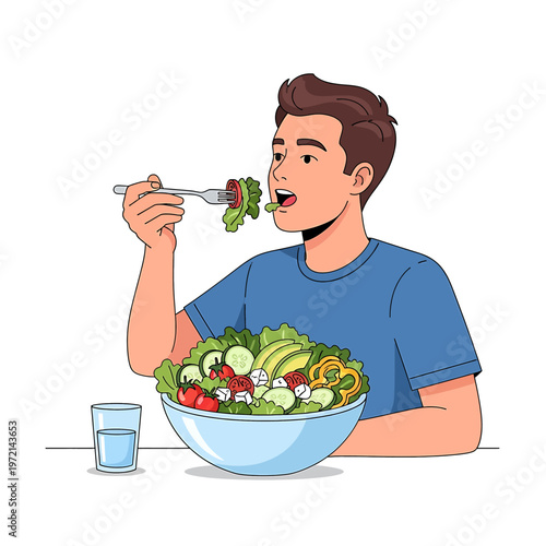 Man Eating Salad from Bowl.