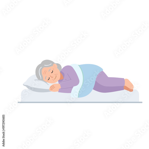 An elderly woman sleeps peacefully on a mattress with a pillow.